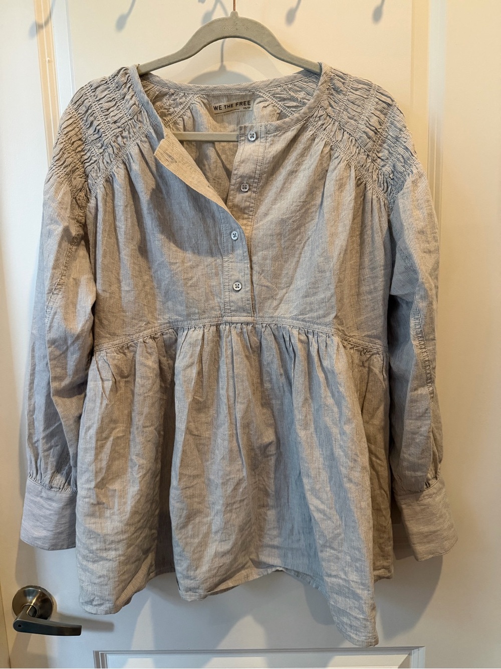 Free People Light Gray Smocked Yoke Peasant Blouse